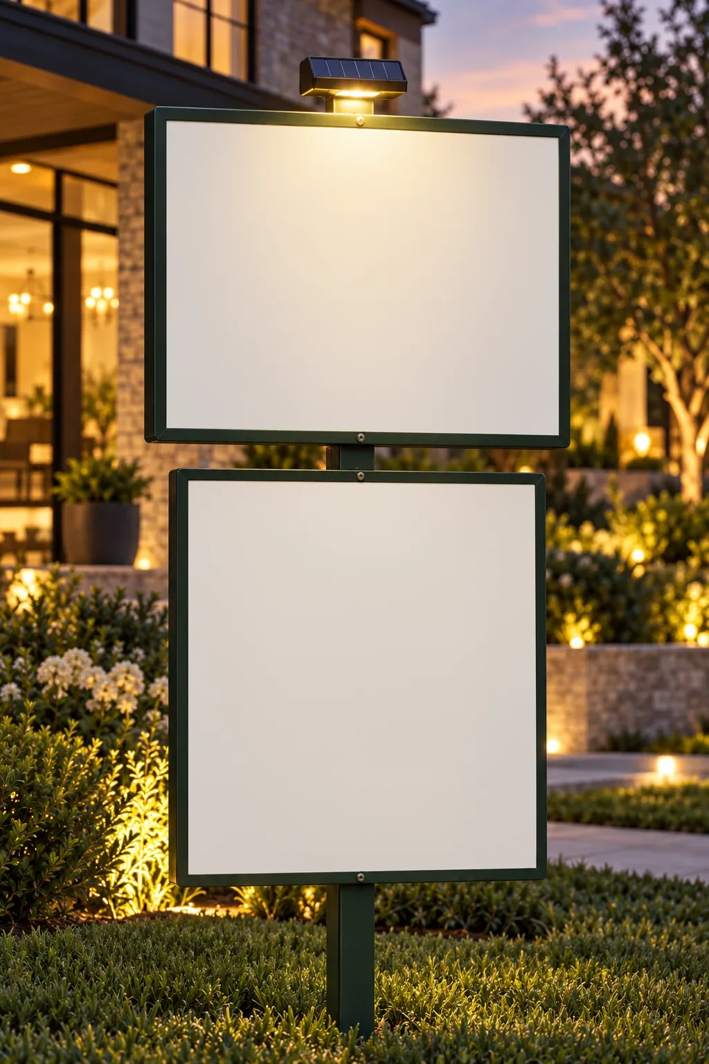 Close-up of the 10hub yard sign at dusk: For Sale, Blue Finch Realty, Dana Whitfield, and below it the QR panel: Scan for the 360 tour, walk through before you knock
