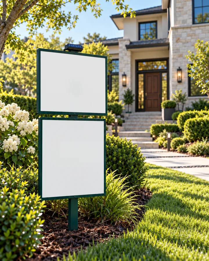 The 10hub yard sign in the morning sun in front of a stone house: For Sale, Blue Finch Realty, the agent's photo, Dana Whitfield, and below it the Scan for the 360 tour panel