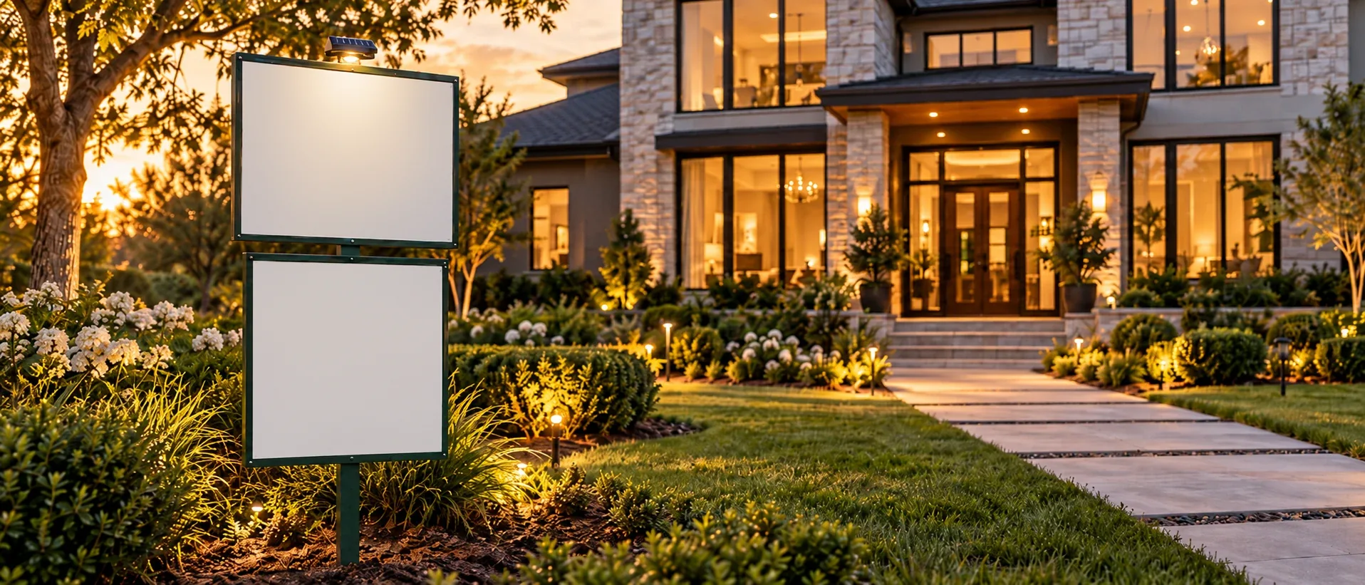 A 10hub yard sign at dusk in front of a lit stone house: the For Sale panel for Dana Whitfield of Blue Finch Realty, its solar light on, and below it the Scan for the 360 tour panel, open daily 8:00 AM to 8:00 PM
